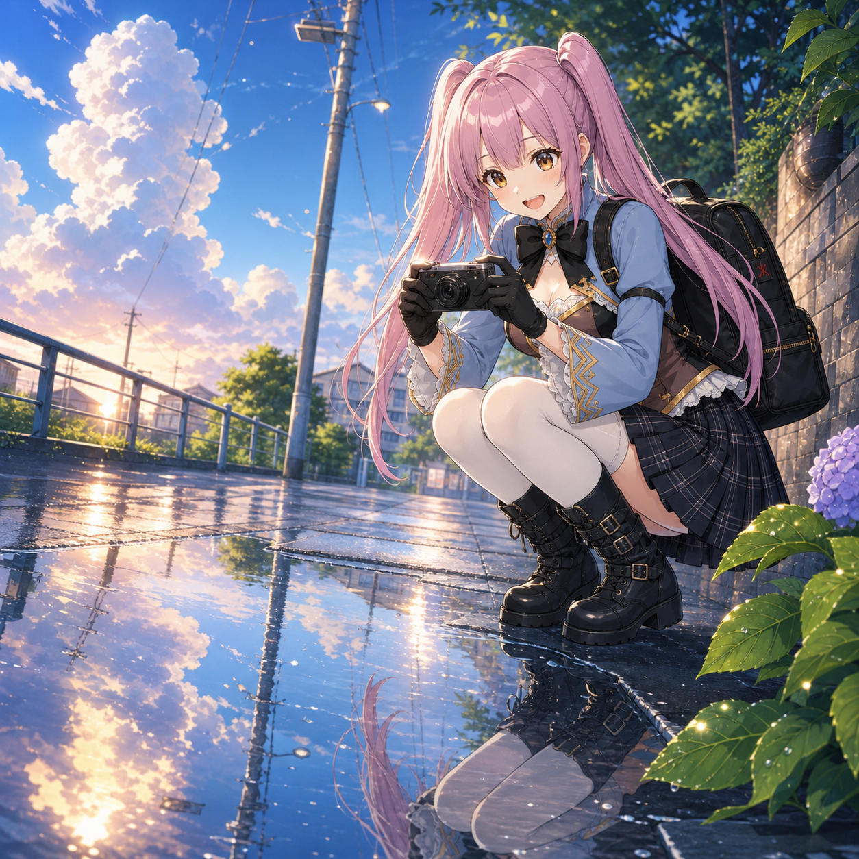 夏の夕立あとの水たまりに映る青空と雲をカメラで撮るやさいのイラスト