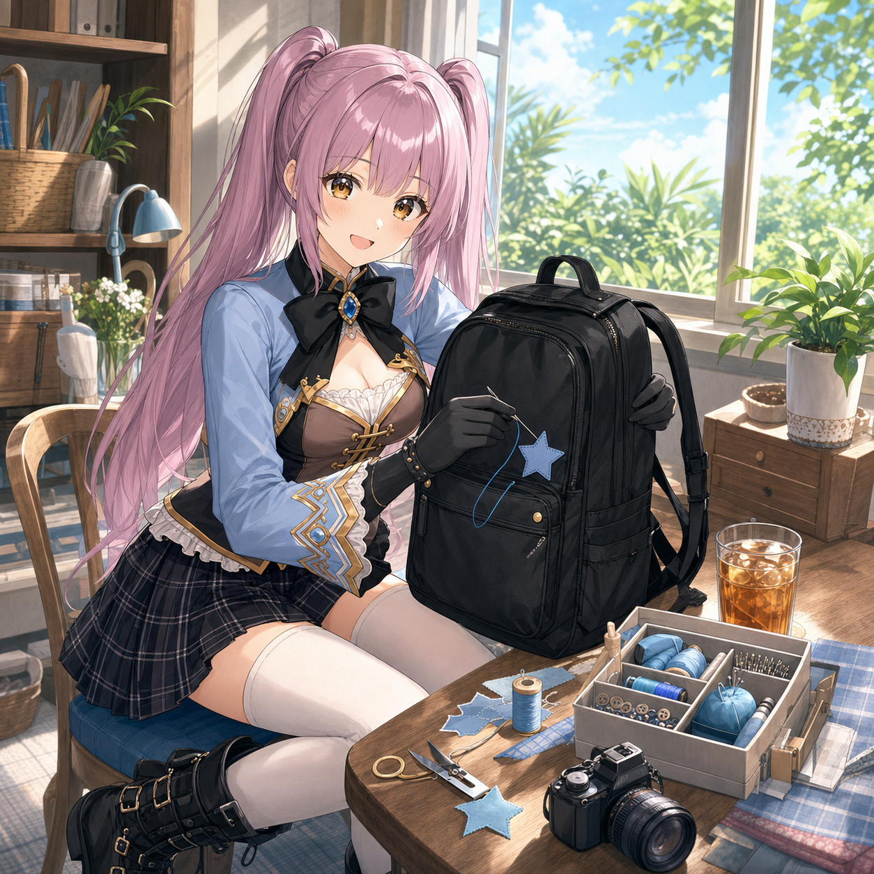 夏の日差しが入る部屋で黒いリュックに青い星のワッペンを縫うやさいのイラスト