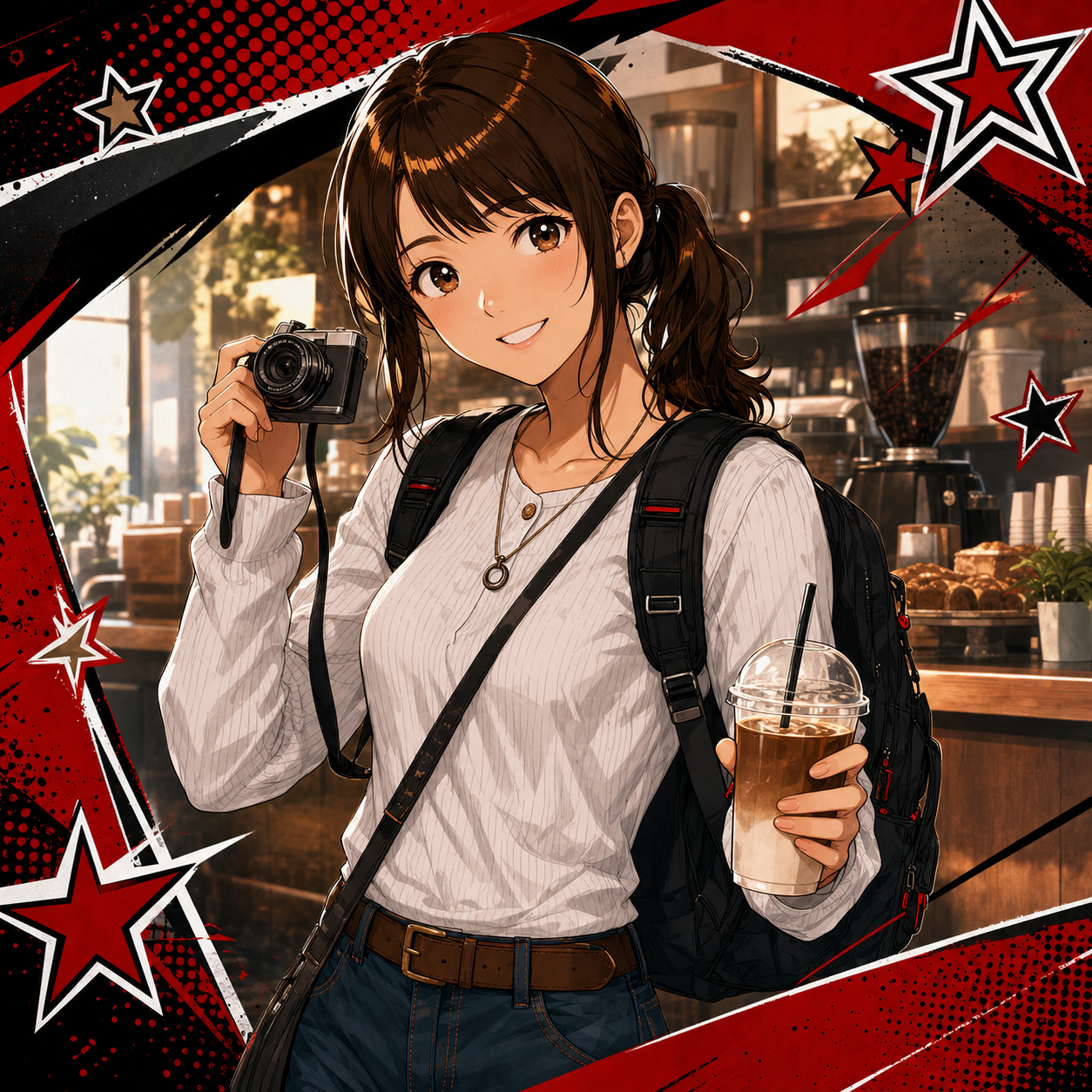 カフェでカメラを持つやさいちゃんのイラスト
