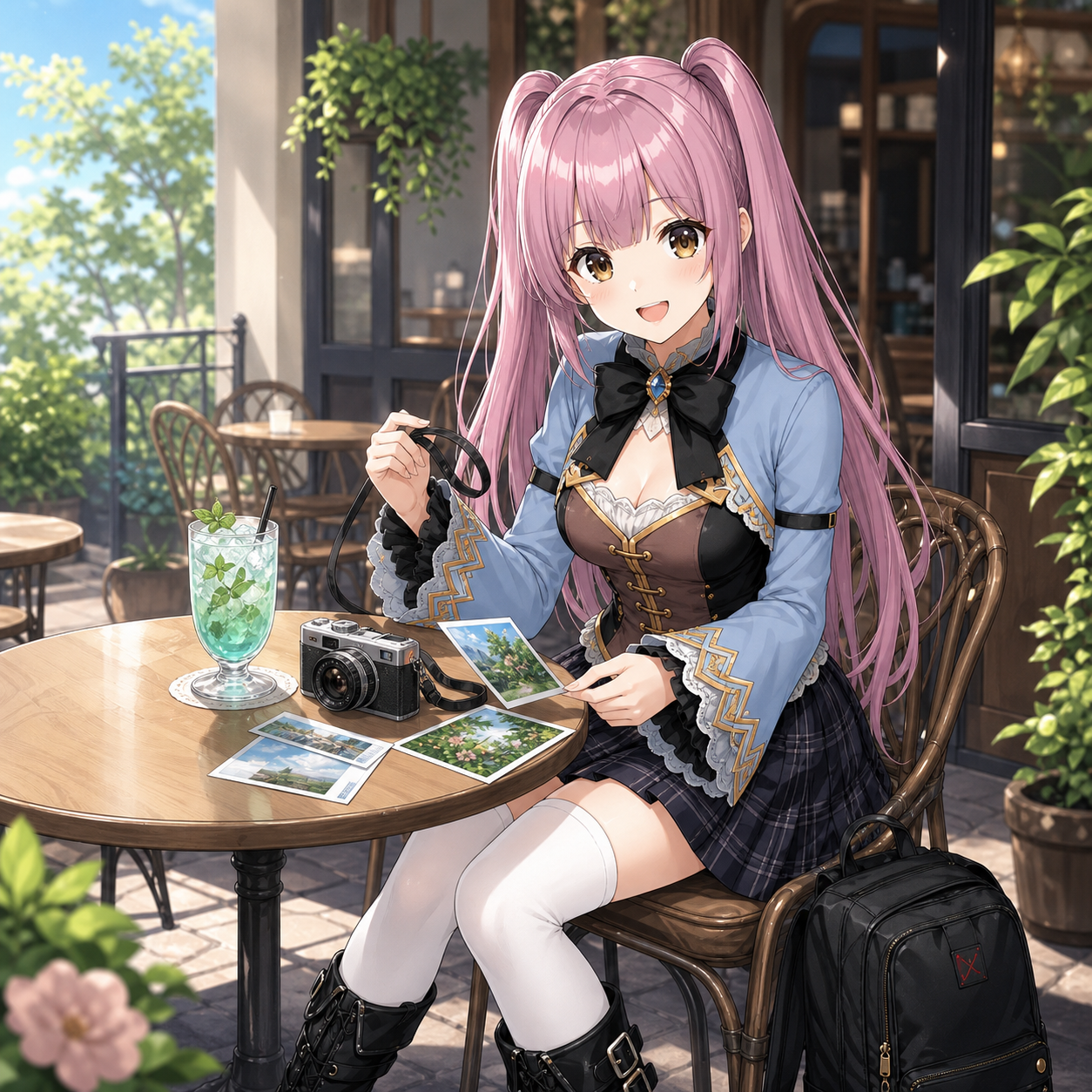 夏の朝のカフェテラスで写真を並べるやさいのイラスト