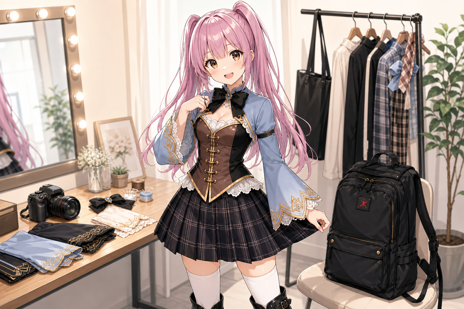 コスプレ衣装を着て撮影準備をするやさいのイラスト