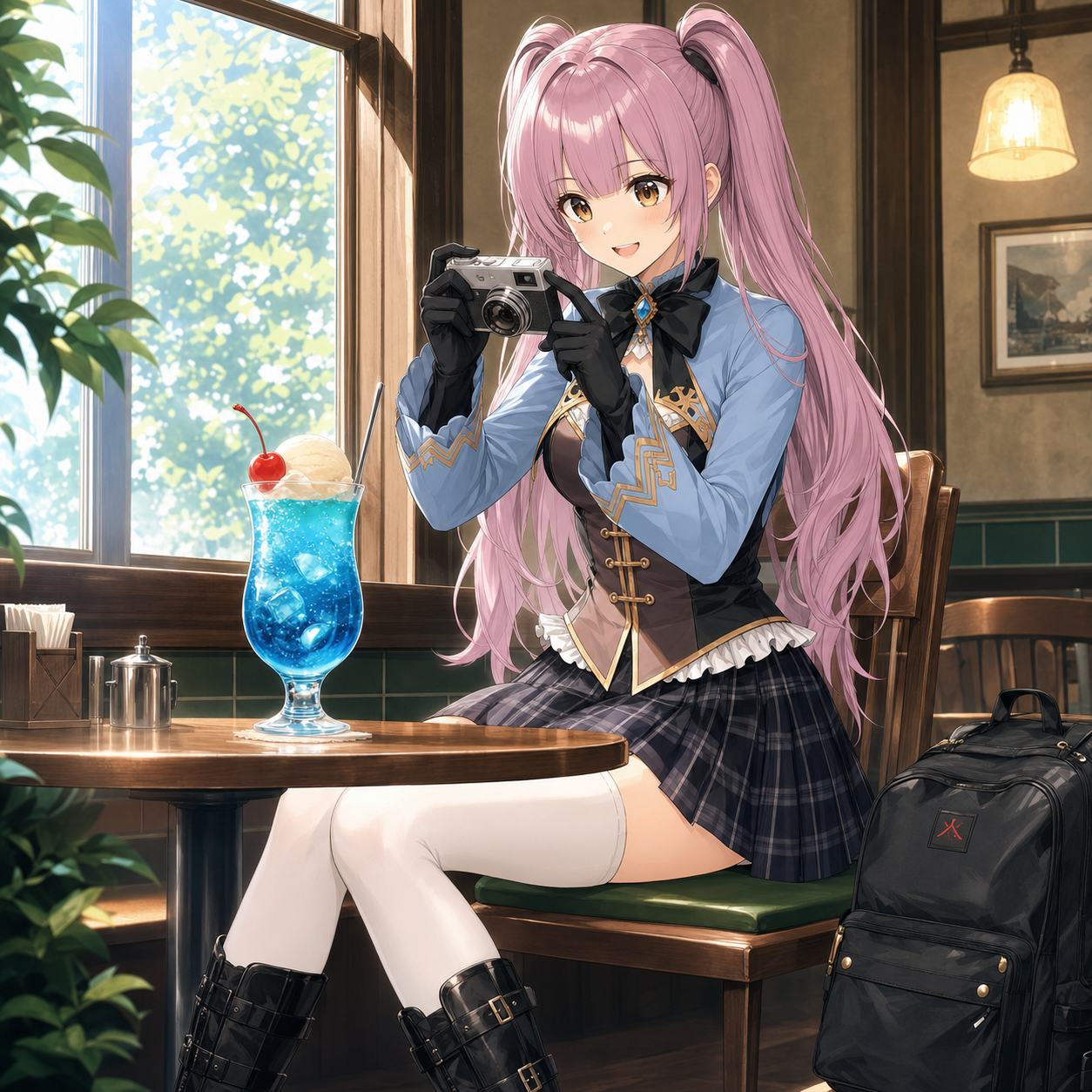 夏のレトロカフェで青いクリームソーダをカメラで撮るやさいのイラスト