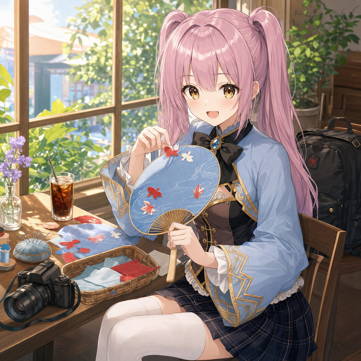 夏の窓辺で青い布と金魚模様のうちわを作るやさいのイラスト