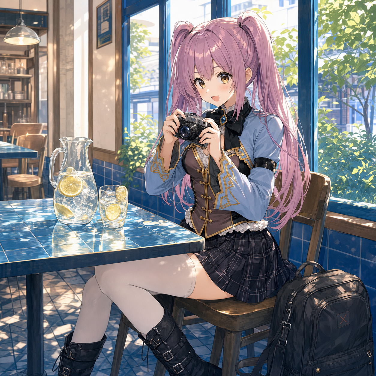 夏の喫茶店で青いタイルに映るレモン水の光を撮影するやさいのイラスト
