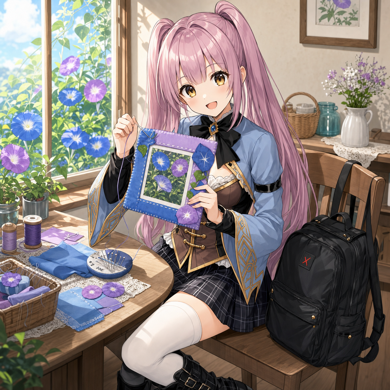 夏の朝の窓辺で青と紫の朝顔を飾った布のフォトフレームを縫うやさいのイラスト