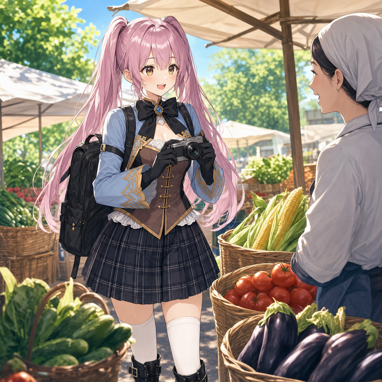 夏の朝市でカメラを手に店の人と話すやさいのイラスト