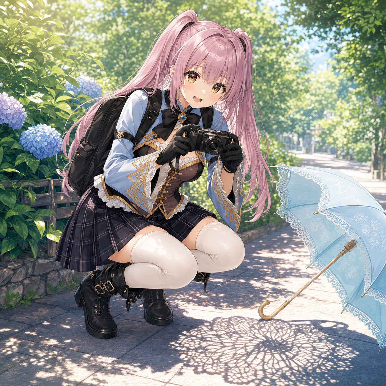 夏の木漏れ日の中で青い日傘がつくるレース模様の影をカメラで撮るやさいのイラスト