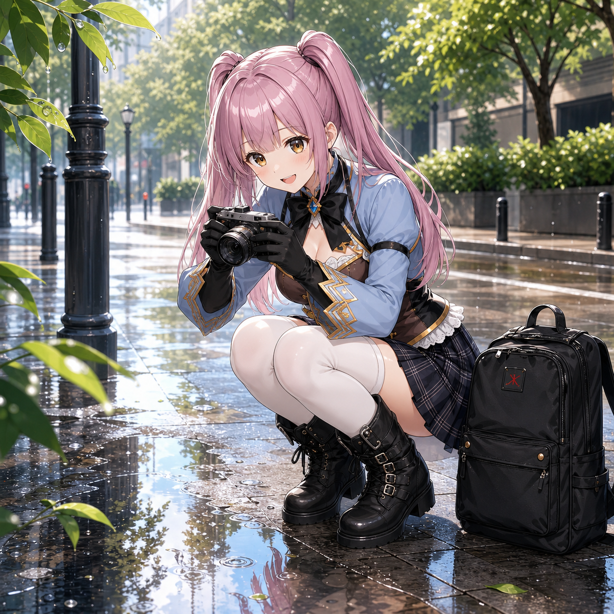 雨あがりの道でカメラを構えるやさいのイラスト