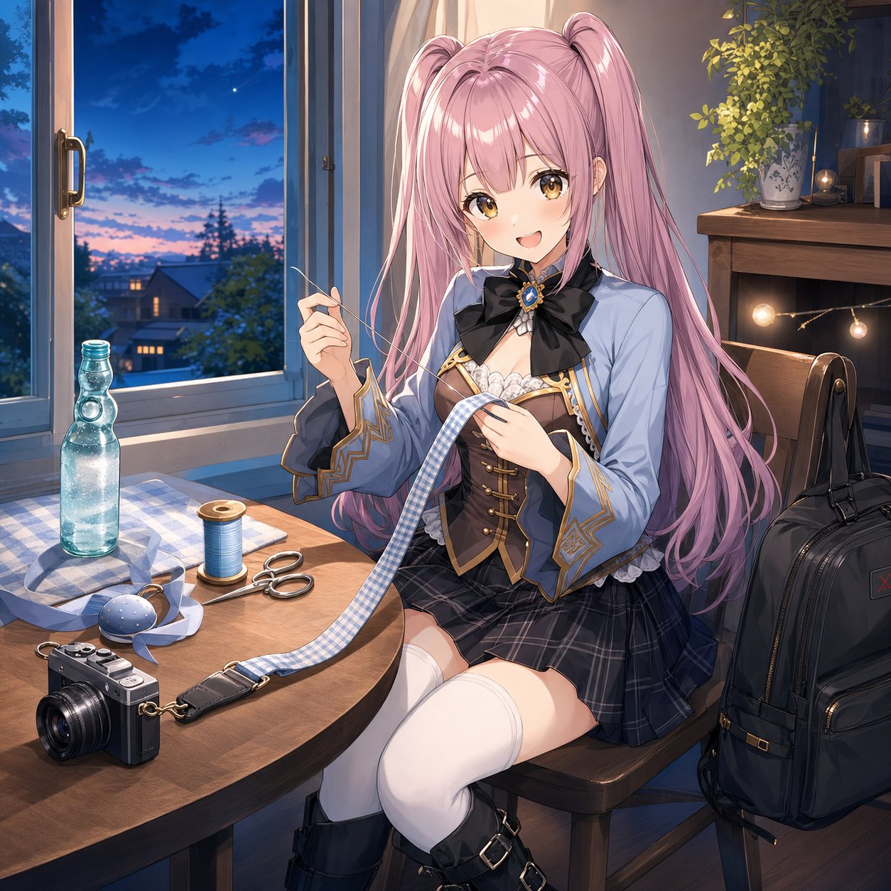 夏の夕暮れに青白チェックのカメラストラップを縫うやさいのイラスト