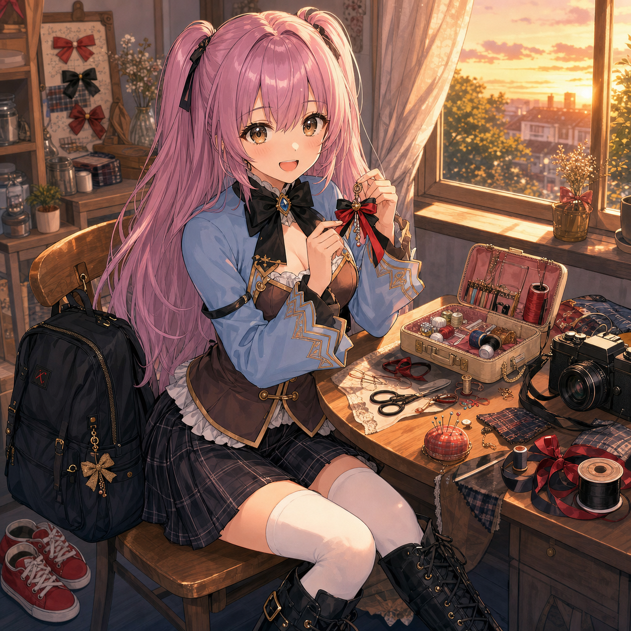 夕暮れの部屋でリボン飾りを作るやさいのイラスト