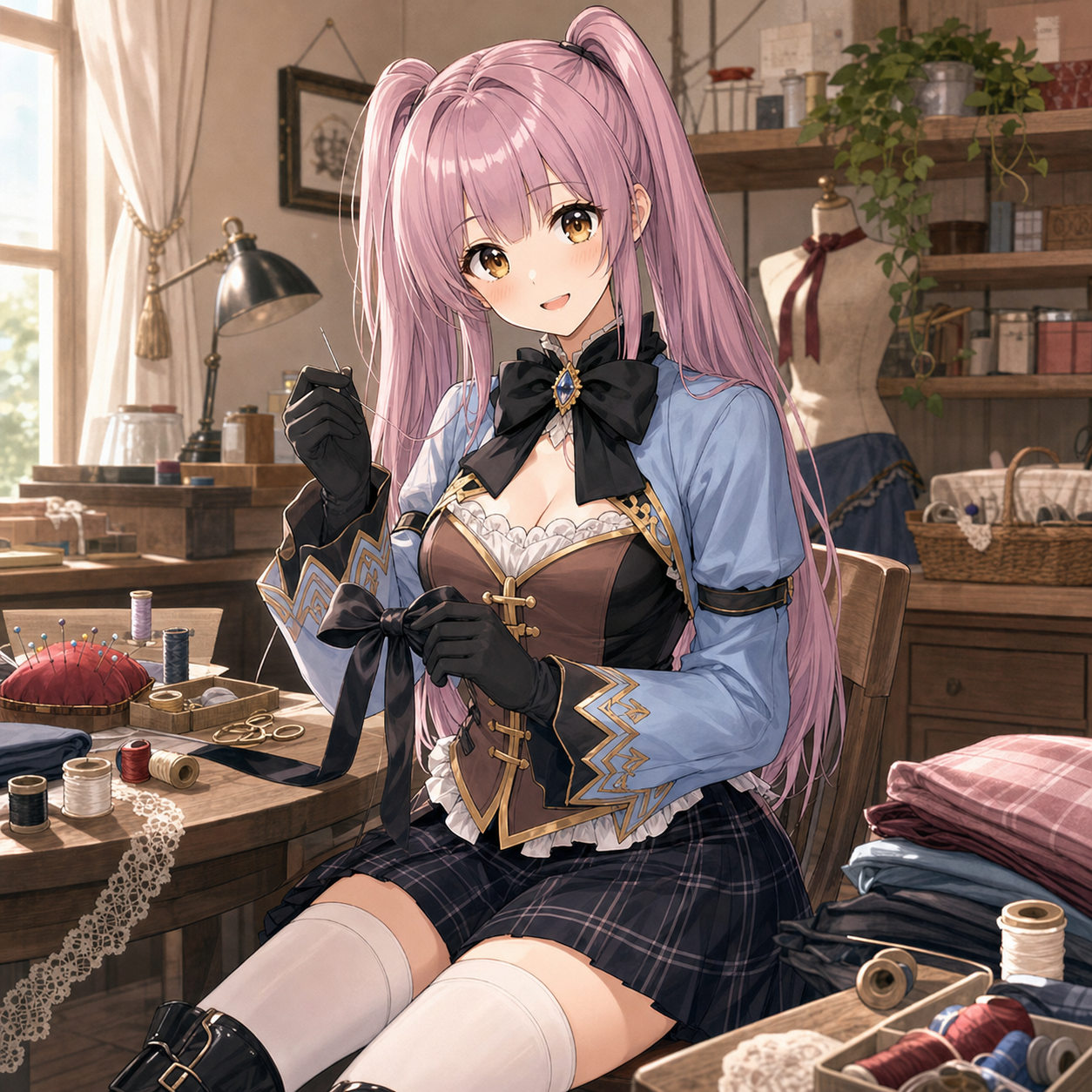 裁縫道具のある部屋でリボンを直すやさいのイラスト