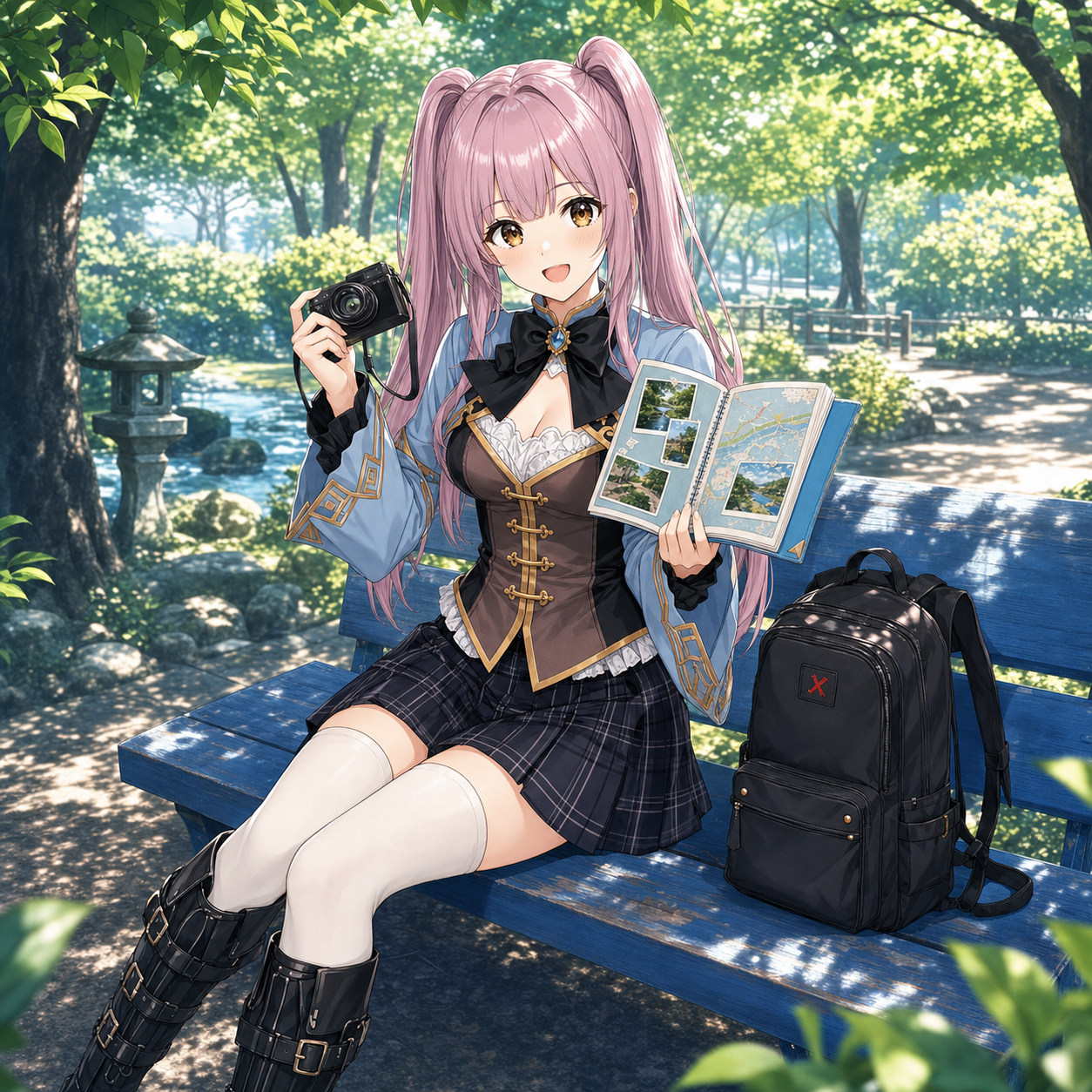 夏の公園の青いベンチでカメラとフォトマップを手に笑うやさいのイラスト