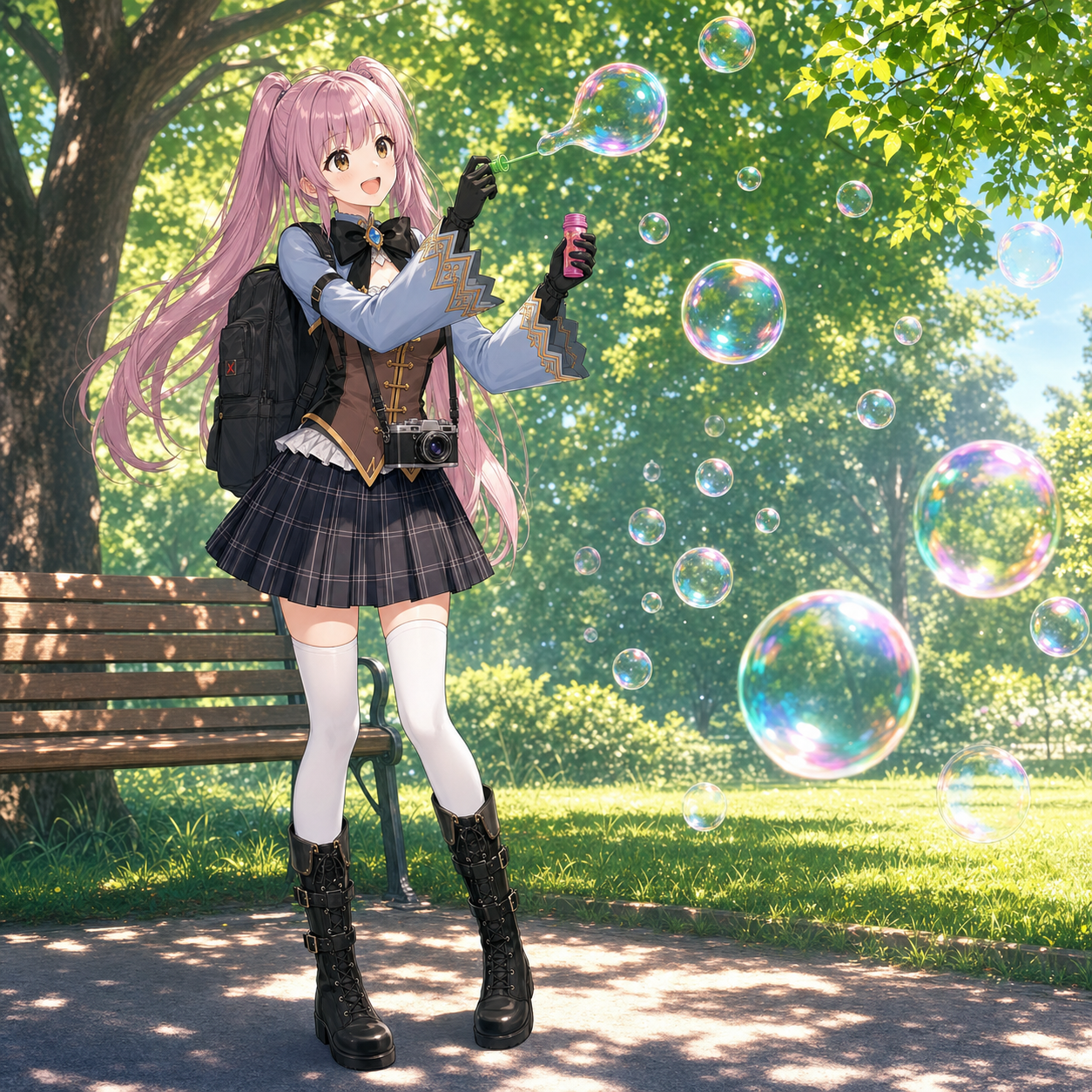 夏の公園の木漏れ日の下で虹色のシャボン玉を楽しむやさいのイラスト