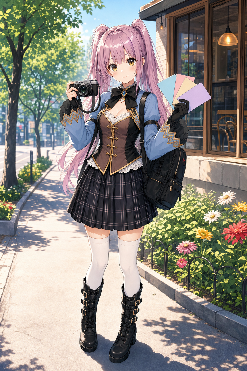 夏の朝にカメラと色カードを持って歩くやさいのイラスト