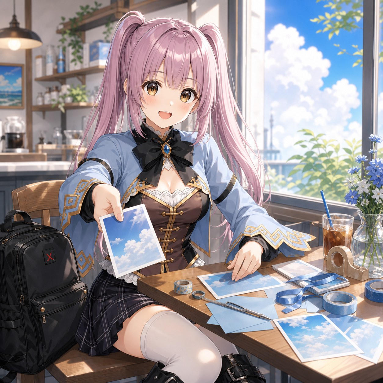 夏空の写真を使って青いポストカードを作るやさいのイラスト