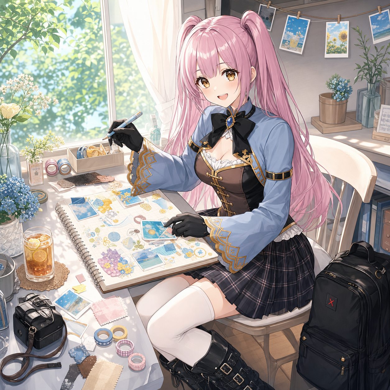 夏の朝の窓辺で写真や布を使ってやりたいことノートを飾るやさいのイラスト
