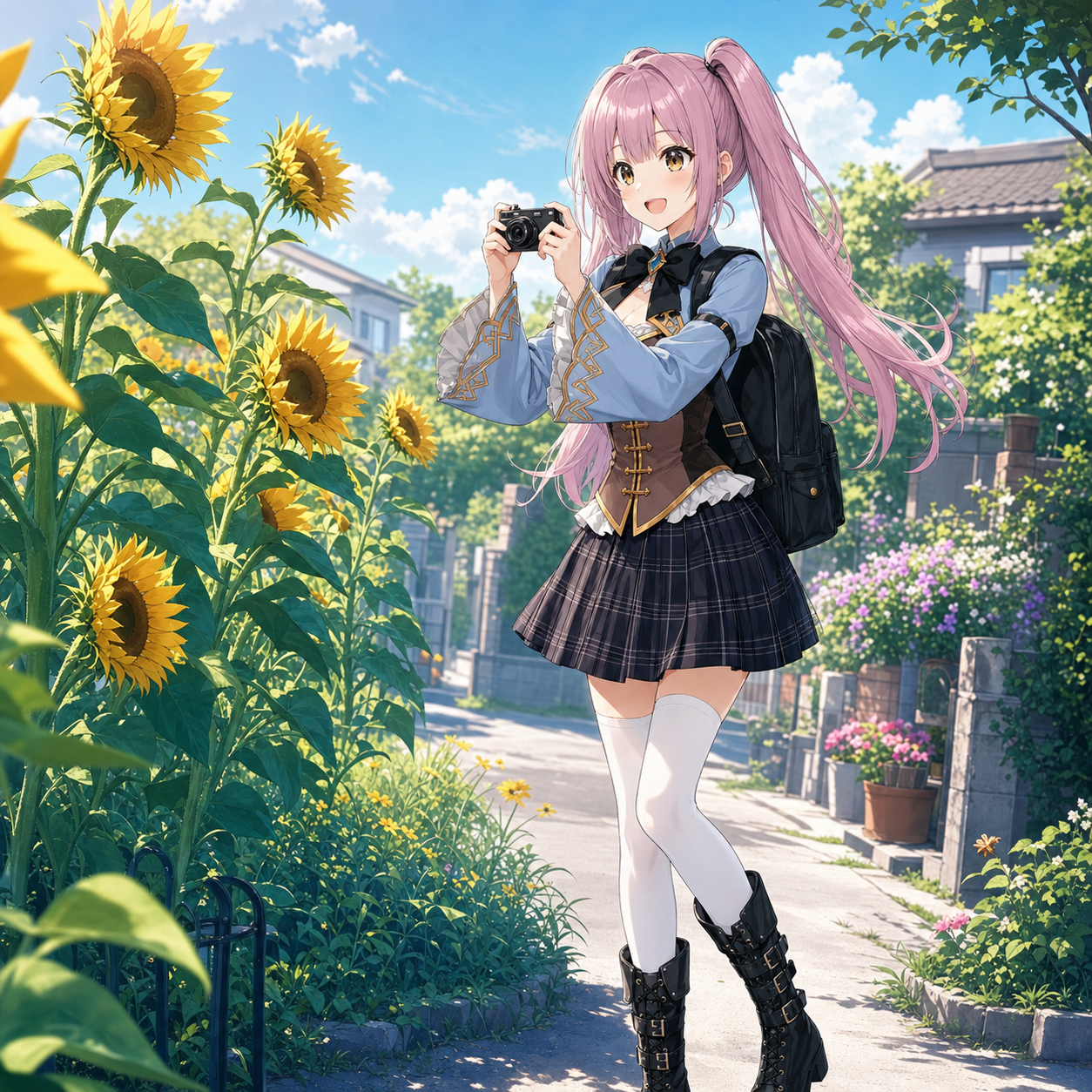 夏の朝、黒いリュックを背負ってひまわりをカメラで撮るやさいのイラスト