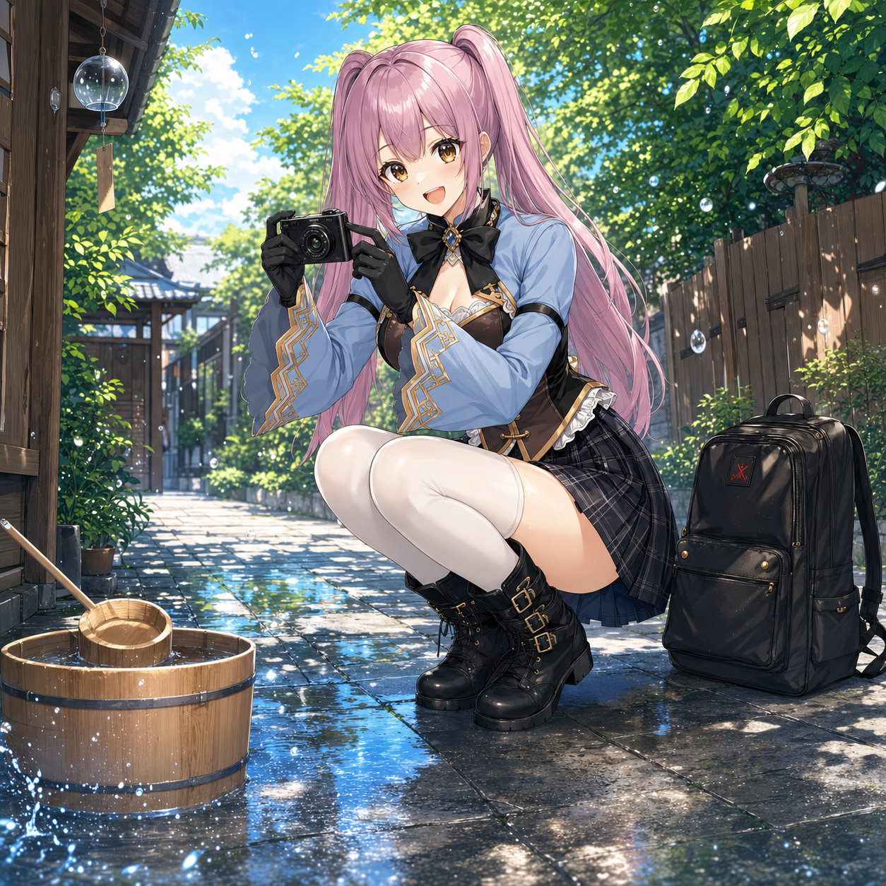 夏の朝に打ち水をした石畳のきらめきをカメラで撮るやさいのイラスト
