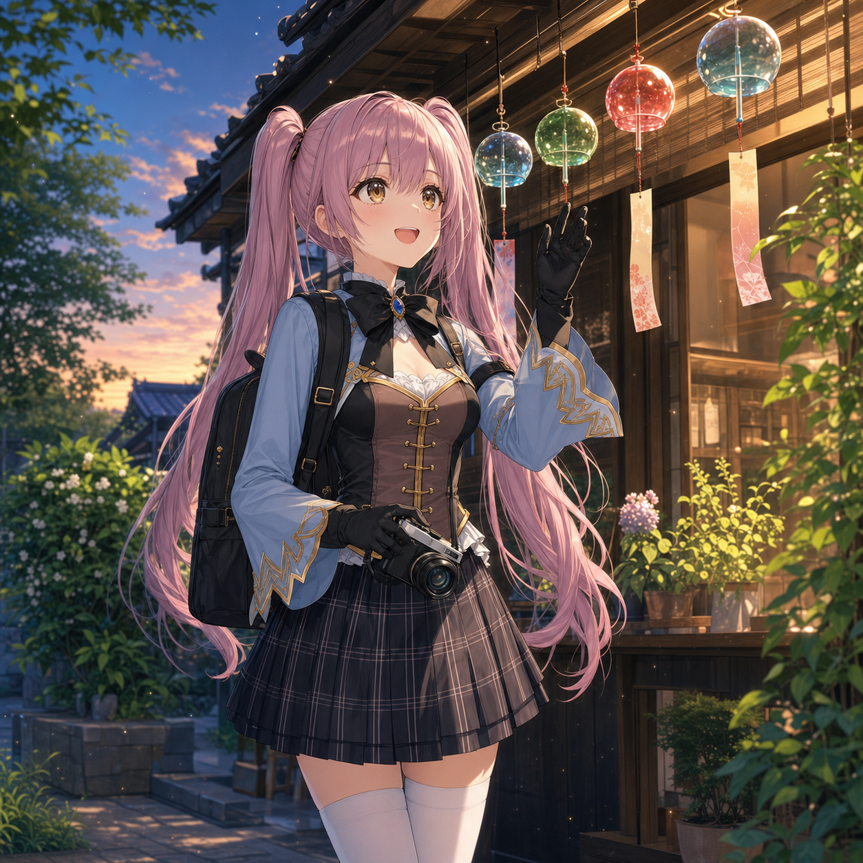 夏の夕方に店先の色とりどりの風鈴をカメラで撮るやさいのイラスト